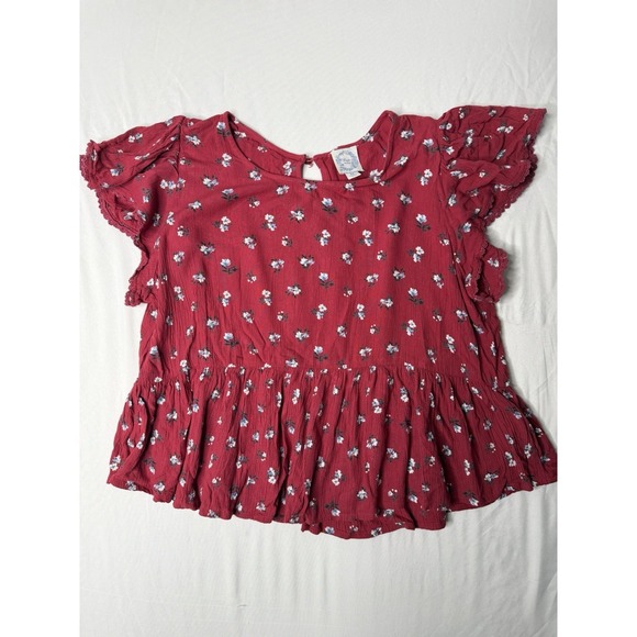 Blue Rain Tops - Blue Rain Womens Medium Red Floral‎ Peplum Blouse Flutter Sleeve Boho Top M